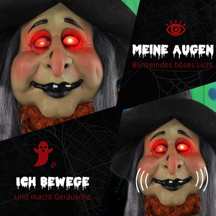 Animierte Halloween-Hexen-Dekoration mit roten Augen, 183 cm