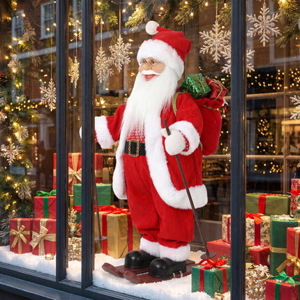 Animated Ski Santa 66 cm with Gift Sack and Ski Poles, Sound Activated, Red