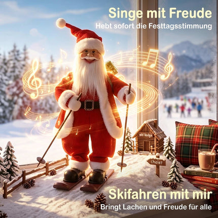 Animated Ski Santa 66 cm with Gift Sack and Ski Poles, Sound Activated, Red