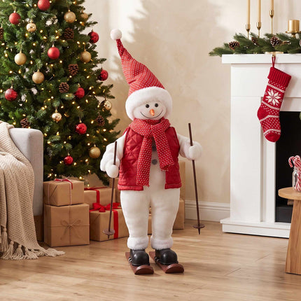 Animated Skiing Snowman Figure 65 cm with Skis and Poles, Plays Music, Red