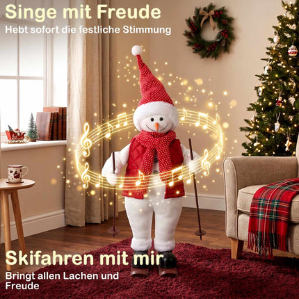 Animated Skiing Snowman Figure 65 cm with Skis and Poles, Plays Music, Red
