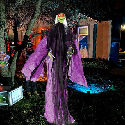 Animated Standing Witch 7.2 ft with Red Glowing Eyes, Purple, Sound Activated