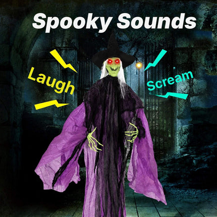 Animated Standing Witch 7.2 ft with Red Glowing Eyes, Purple, Sound Activated