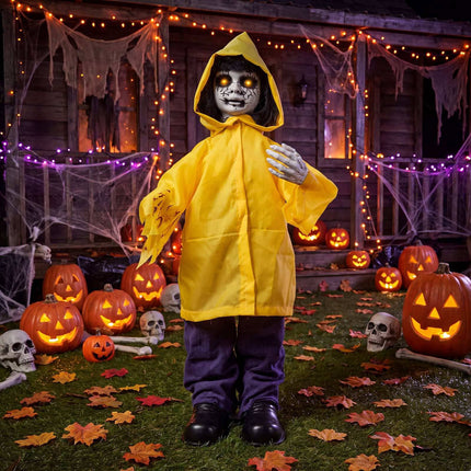Animatronic Haunted Boy with Light-Up Eyes and Creepy Sounds, Yellow