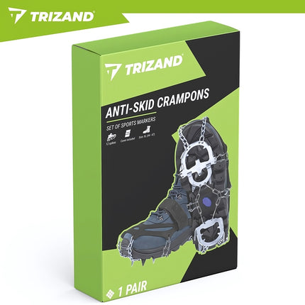 Anti-Slip Shoe Crampons Size XL 44-47 with 12 Spikes, Velcro Straps, Case