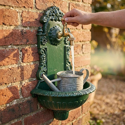Antiker Grüner Wandbrunnen, Becken aus Aluminiumguss