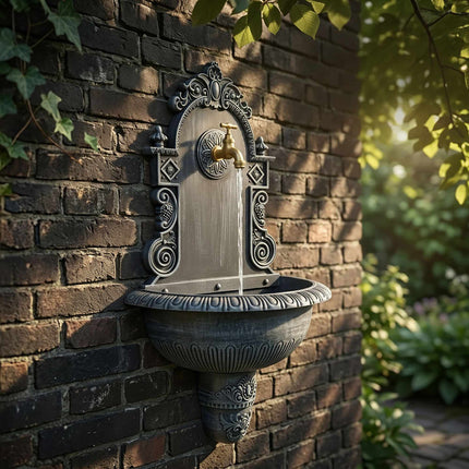 Antiker grauer Wandbrunnen, Aluminiumguss, XL