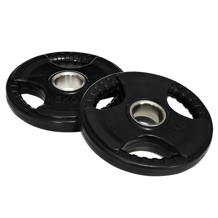A pair of 5kg rubber Olympic Tri-Grip weight plates