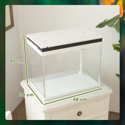 Aquarium, aquarium en verre de 41 litres avec système de filtration, lumières LED, pompe à eau, aquarium compact pour diverses espèces de poissons, blanc