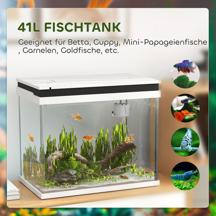 Aquarium, aquarium en verre de 41 litres avec système de filtration, lumières LED, pompe à eau, aquarium compact pour diverses espèces de poissons, blanc