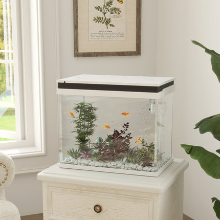Aquarium, aquarium en verre de 41 litres avec système de filtration, lumières LED, pompe à eau, aquarium compact pour diverses espèces de poissons, blanc