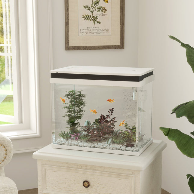 Aquarium, aquarium en verre de 41 litres avec système de filtration, lumières LED, pompe à eau, aquarium compact pour diverses espèces de poissons, blanc