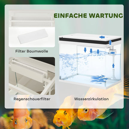 Aquarium, aquarium en verre de 41 litres avec système de filtration, lumières LED, pompe à eau, aquarium compact pour diverses espèces de poissons, blanc
