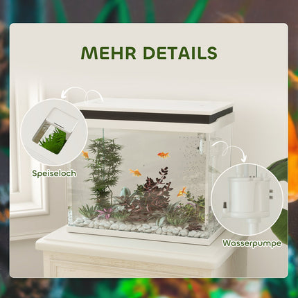 Aquarium, aquarium en verre de 41 litres avec système de filtration, lumières LED, pompe à eau, aquarium compact pour diverses espèces de poissons, blanc