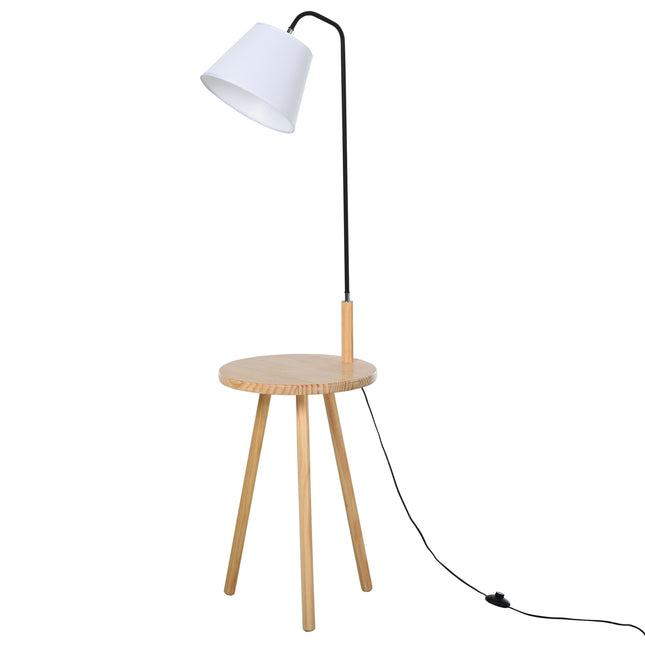 Skandinavische Stehlampe mit Holztisch – Weiß, 42x144cm
