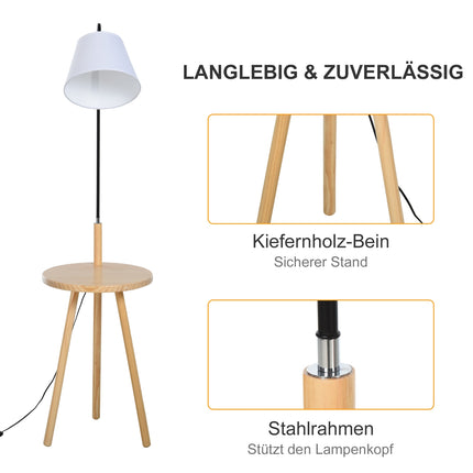 Skandinavische Stehlampe mit Holztisch – Weiß, 42x144cm