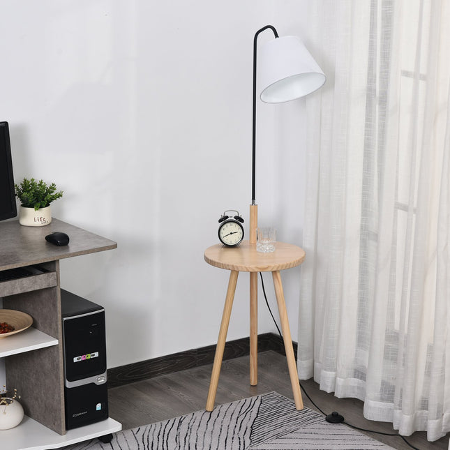 Skandinavische Stehlampe mit Holztisch – Weiß, 42x144cm