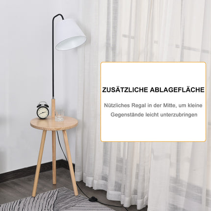Skandinavische Stehlampe mit Holztisch – Weiß, 42x144cm