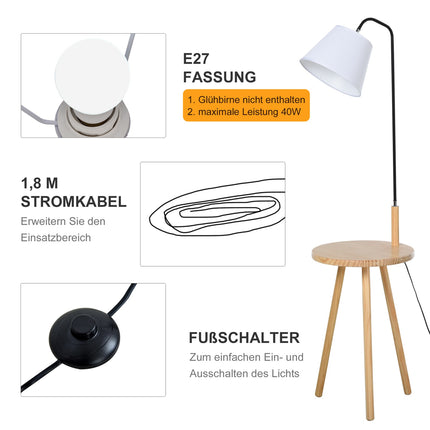 Skandinavische Stehlampe mit Holztisch – Weiß, 42x144cm
