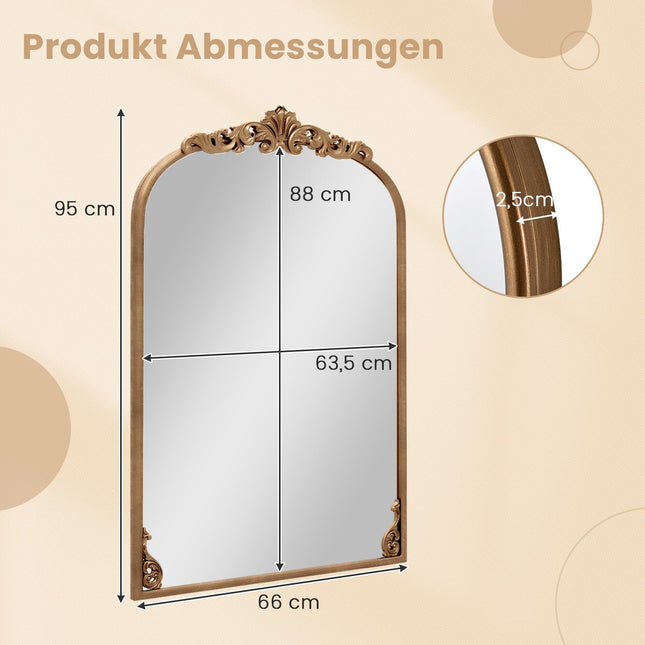 Gewölbter barocker Wandspiegel, Goldfarbener Metallrahmen, 95x66 cm
