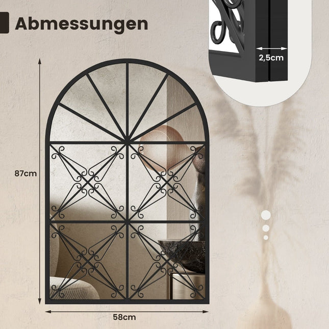 Gewölbter Wandspiegel im Fensterstil mit Metallrahmen, 58x87 cm
