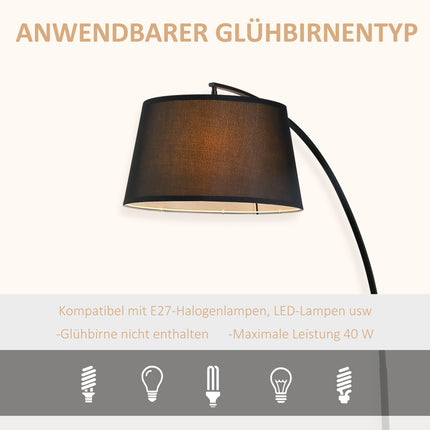 Moderne Metall-Bogenstehlampe mit schwarzem Leinenschirm