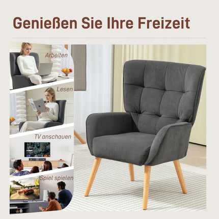 Gray velvet armchair with wooden legs for living room