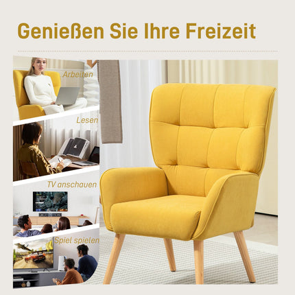 Gelber Samtsessel für Wohnzimmer – Holzbeine, gepolstert
