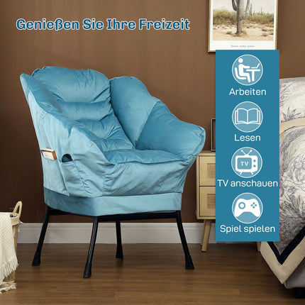 Samt Loungesessel, gepolstert mit Seitentasche – Blau