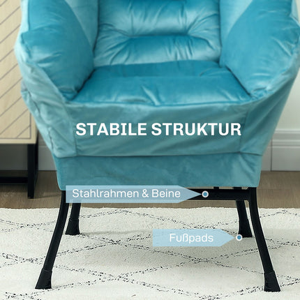 Samt Loungesessel, gepolstert mit Seitentasche – Blau
