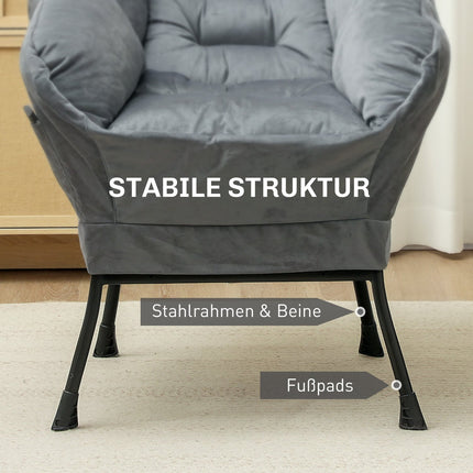 Grauer Samt-Loungesessel mit Seitentasche und Stahlbeinen
