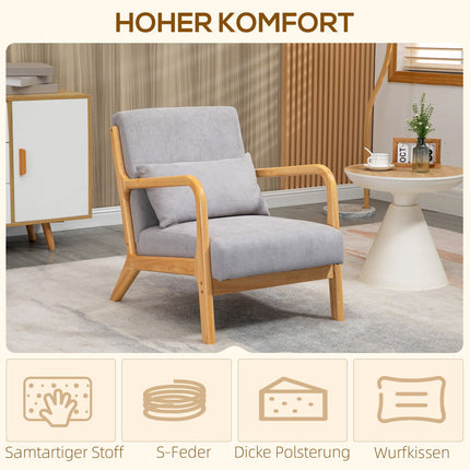 Fauteuil Loungestoel met armleuning, lendenkussen, gewatteerde relaxstoel met houten frame, fluwelen look, S-veer, voor slaapkamer, woonkamer, grijs