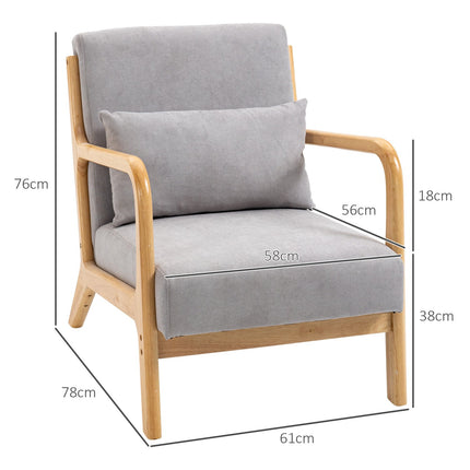 Fauteuil Loungestoel met armleuning, lendenkussen, gewatteerde relaxstoel met houten frame, fluwelen look, S-veer, voor slaapkamer, woonkamer, grijs