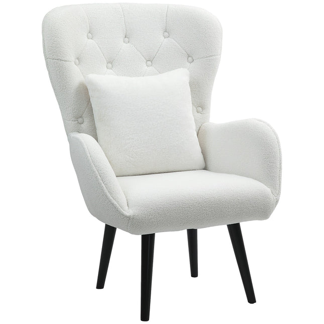 Fauteuil Loungestoel met lendenkussen, gevoerde teddyfauteuil met houten poten, diamantgetufte rugleuning, ontspanningsstoel voor woonkamer, slaapkamer, wit