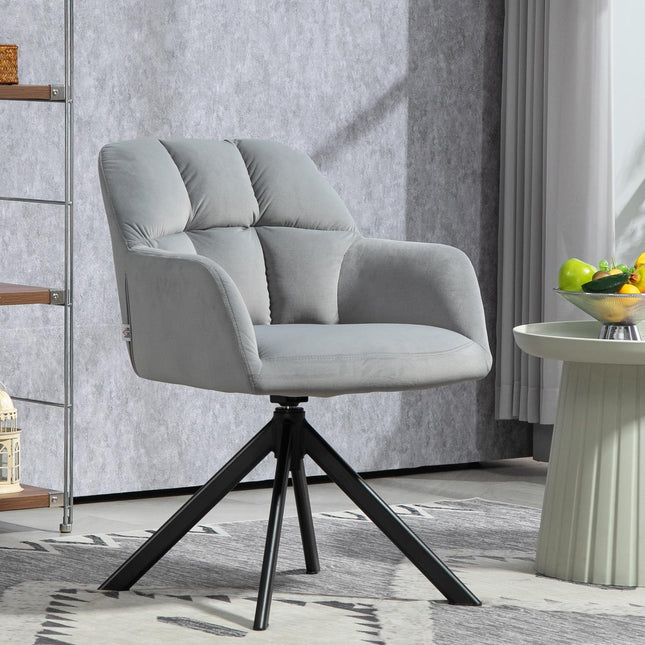 Grauer Drehsessel, Samtstoff, Metallbeine, Wohnzimmer