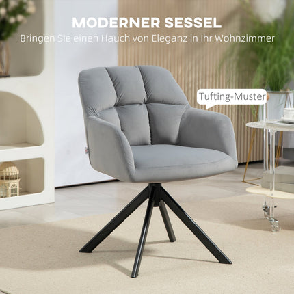 Grauer Drehsessel, Samtstoff, Metallbeine, Wohnzimmer