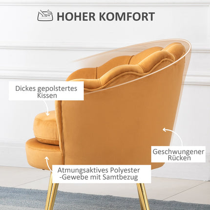 Gepolsterter Muschelsessel mit Metallbeinen, gelb