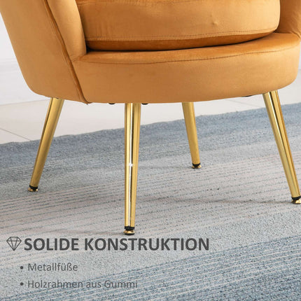 Gepolsterter Muschelsessel mit Metallbeinen, gelb