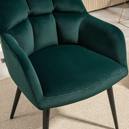 Fauteuil lounge avec accoudoirs, aspect velours, fauteuil de relaxation rembourré avec pieds en acier, pour salon, chambre, vert foncé