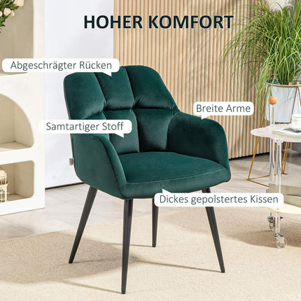 Fauteuil lounge avec accoudoirs, aspect velours, fauteuil de relaxation rembourré avec pieds en acier, pour salon, chambre, vert foncé