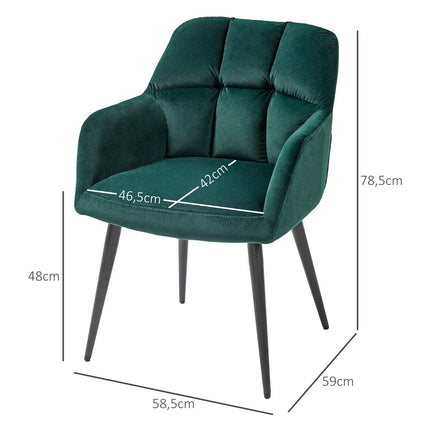 Fauteuil lounge avec accoudoirs, aspect velours, fauteuil de relaxation rembourré avec pieds en acier, pour salon, chambre, vert foncé
