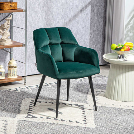 Fauteuil lounge avec accoudoirs, aspect velours, fauteuil de relaxation rembourré avec pieds en acier, pour salon, chambre, vert foncé