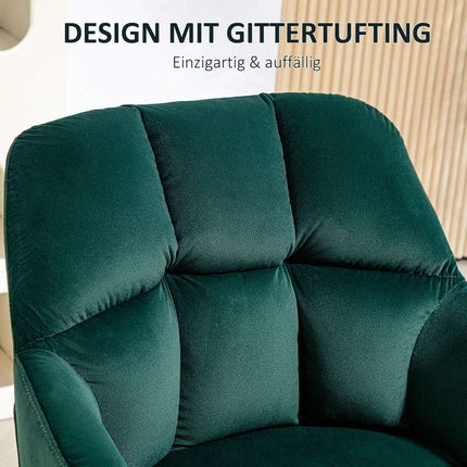 Fauteuil lounge avec accoudoirs, aspect velours, fauteuil de relaxation rembourré avec pieds en acier, pour salon, chambre, vert foncé