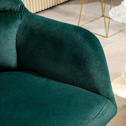 Fauteuil lounge avec accoudoirs, aspect velours, fauteuil de relaxation rembourré avec pieds en acier, pour salon, chambre, vert foncé