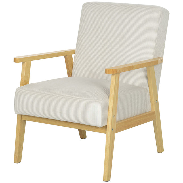 Cremeweißer Sessel mit Armlehnen & Holzbeinen