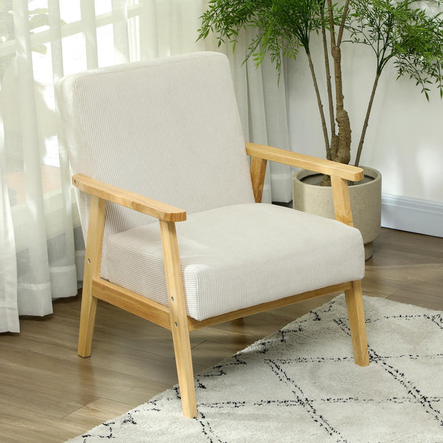 Cremeweißer Sessel mit Armlehnen & Holzbeinen