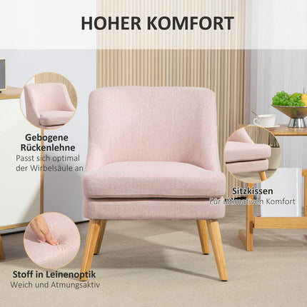 Rosa Loungesessel in Leinenoptik mit Armlehnen, Holzbeine