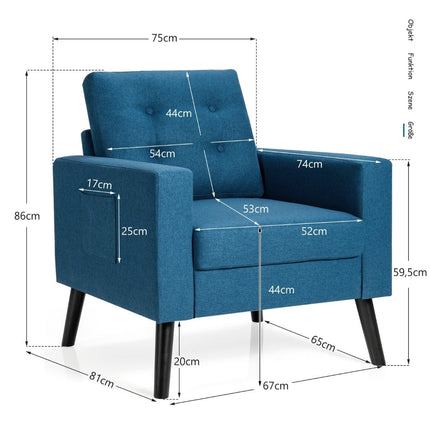 Armchair with 2 side pockets Wing chair with armrests and back cushions 75 x 81 x 86 cm Blue 53cm seat depth
