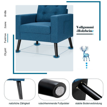 Armchair with 2 side pockets Wing chair with armrests and back cushions 75 x 81 x 86 cm Blue 53cm seat depth