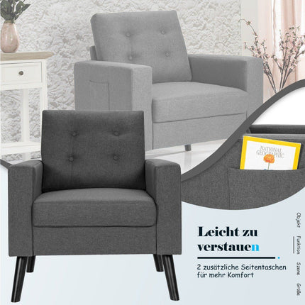 Sessel mit 2 Seitentaschen Ohrensessel mit Armlehnen und Rückenkissen 75 x 81 x 86 cm Grau 53cm Sitztiefe